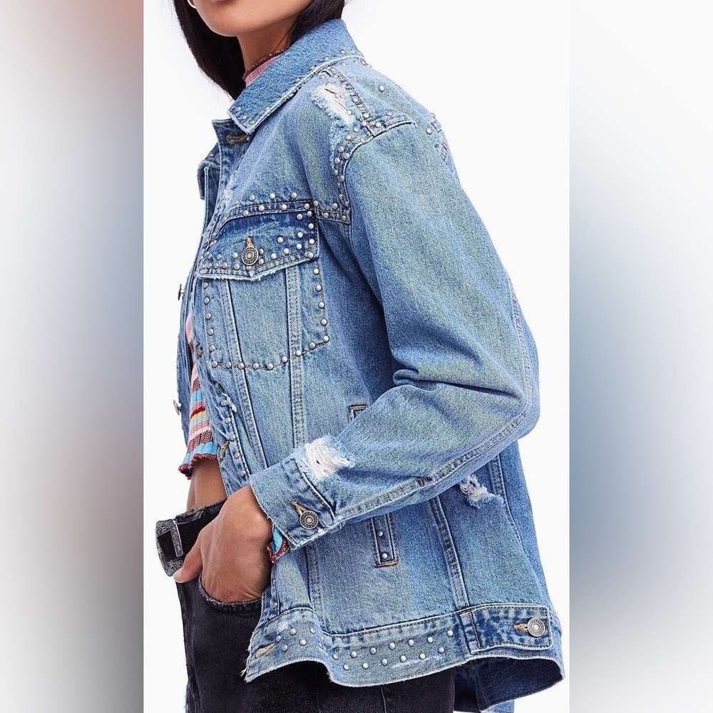 Free People Studded Denim Trucker Jacket
